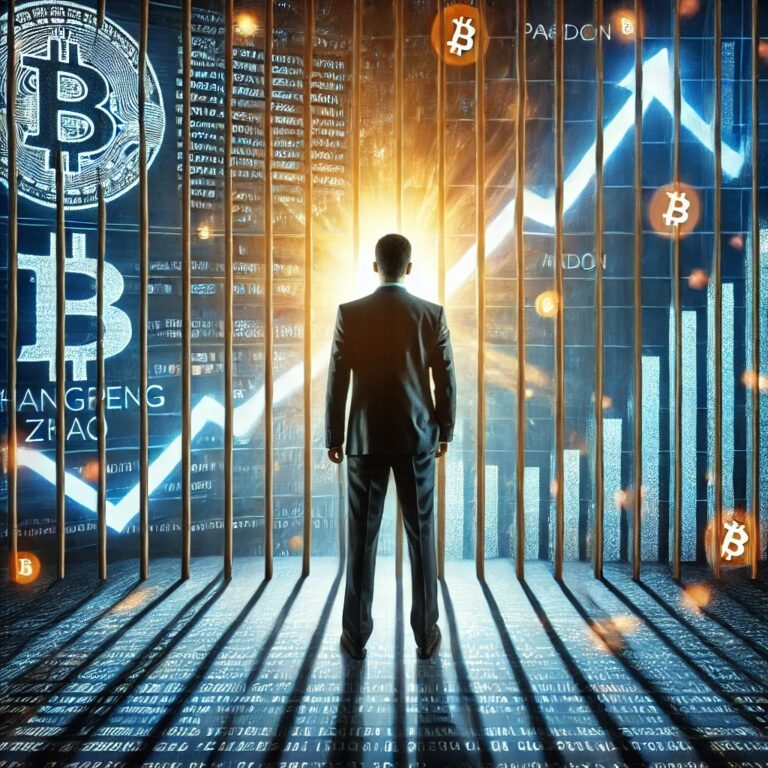 Changpeng Zhao (CZ) pomilovanje – hiperrealistična kripto ilustracija sa zatvorskim kodom i Bitcoin simbolima