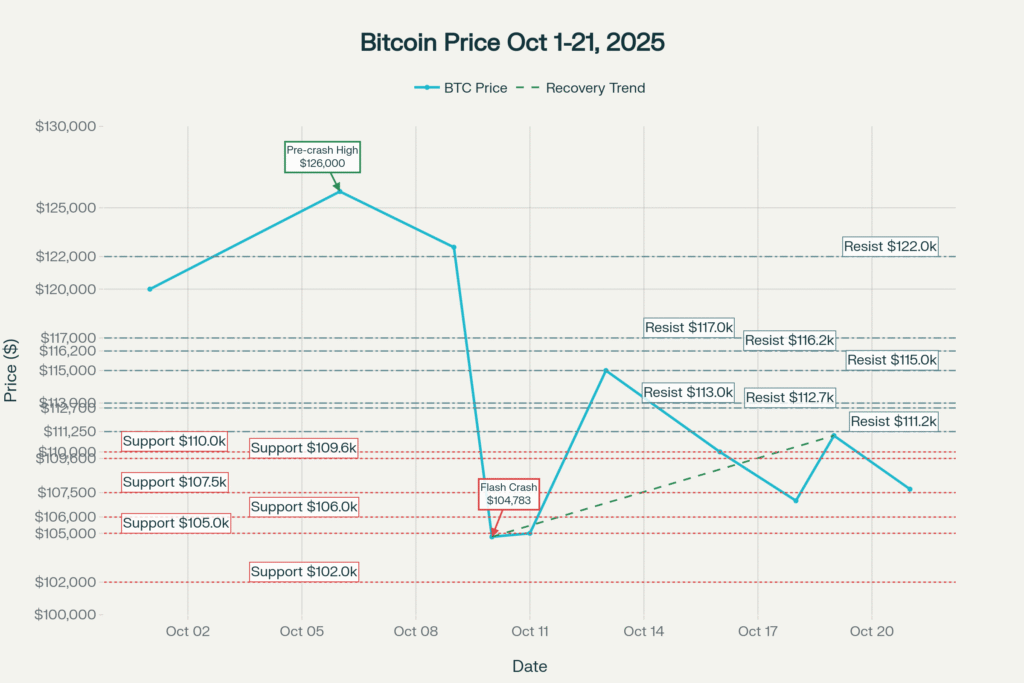 Bitcoin grafikon prikazuje oporavak od flash crash-a 10. oktobra sa ključnim nivoima podrške i otpora