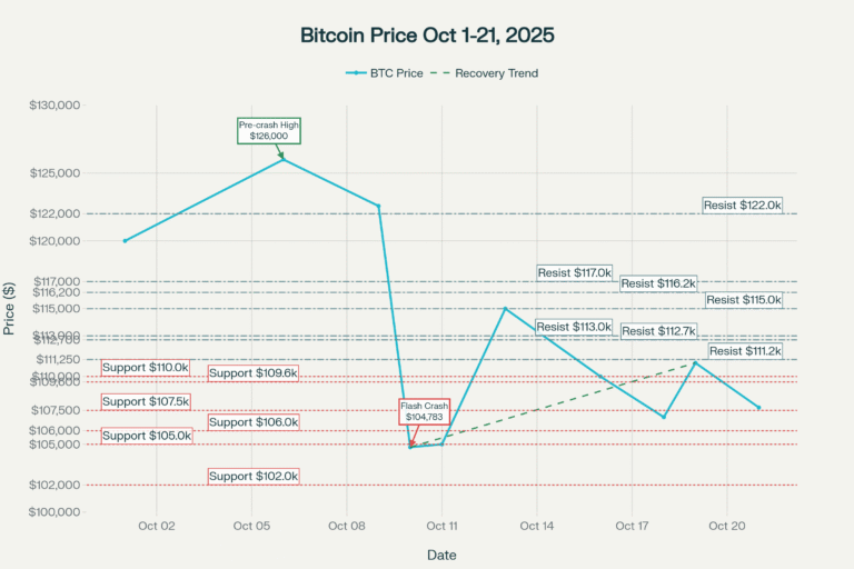 Bitcoin grafikon prikazuje oporavak od flash crash-a 10. oktobra sa ključnim nivoima podrške i otpora