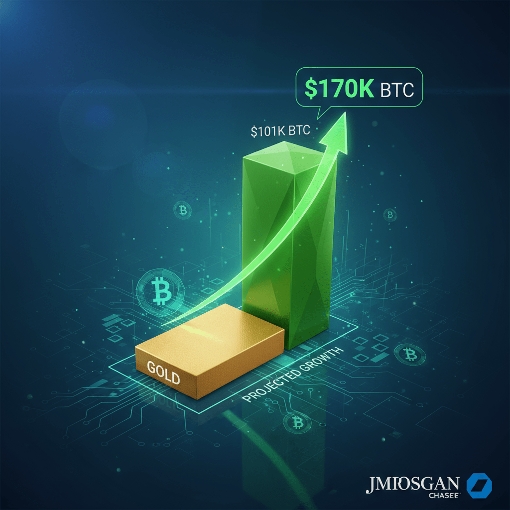 Bitcoin prognoza grafikon koji prikazuje rast od 101.000 do 170.000 dolara uz zlatnu polugu i zlato kao uporedbu investicija