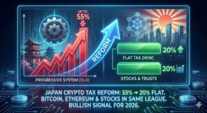 Japan crypto tax reform 2026 infographic 55% to 20% flat rate comparison with stocks