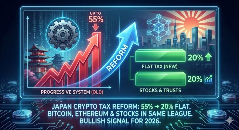 Japan crypto tax reform 2026 infographic 55% to 20% flat rate comparison with stocks
