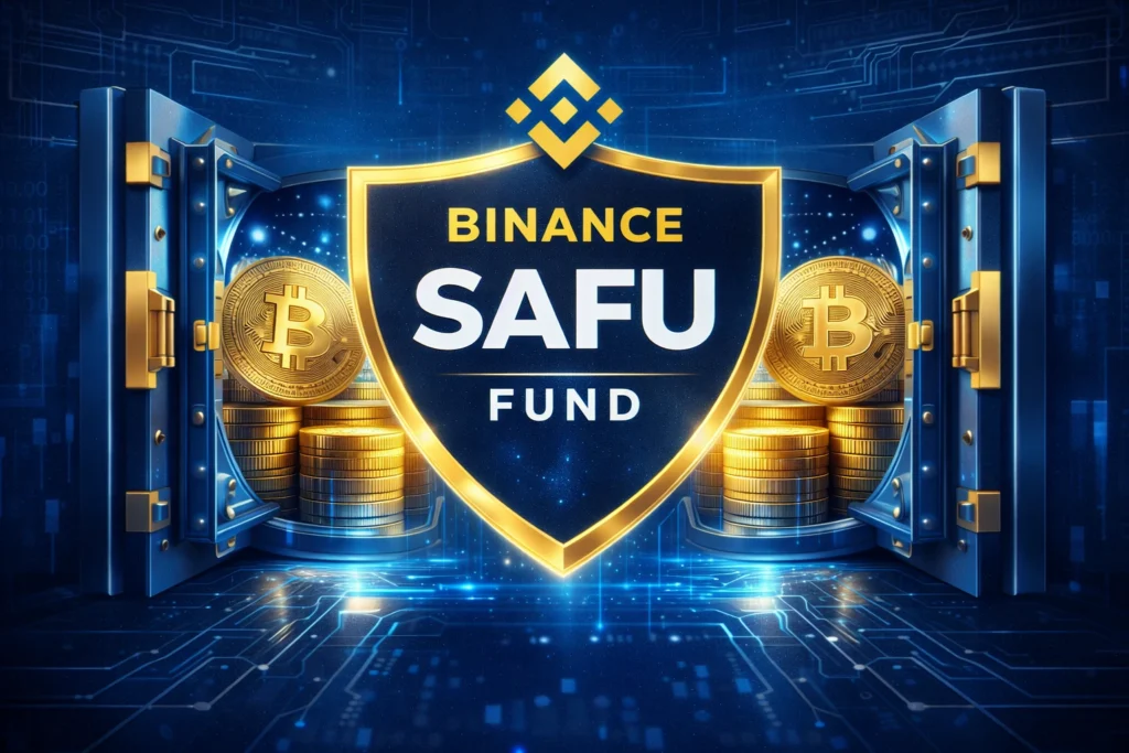 Binance SAFU fond - ilustracija sa zlatnim Bitcoin kovanicama i štitom sa Binance logom