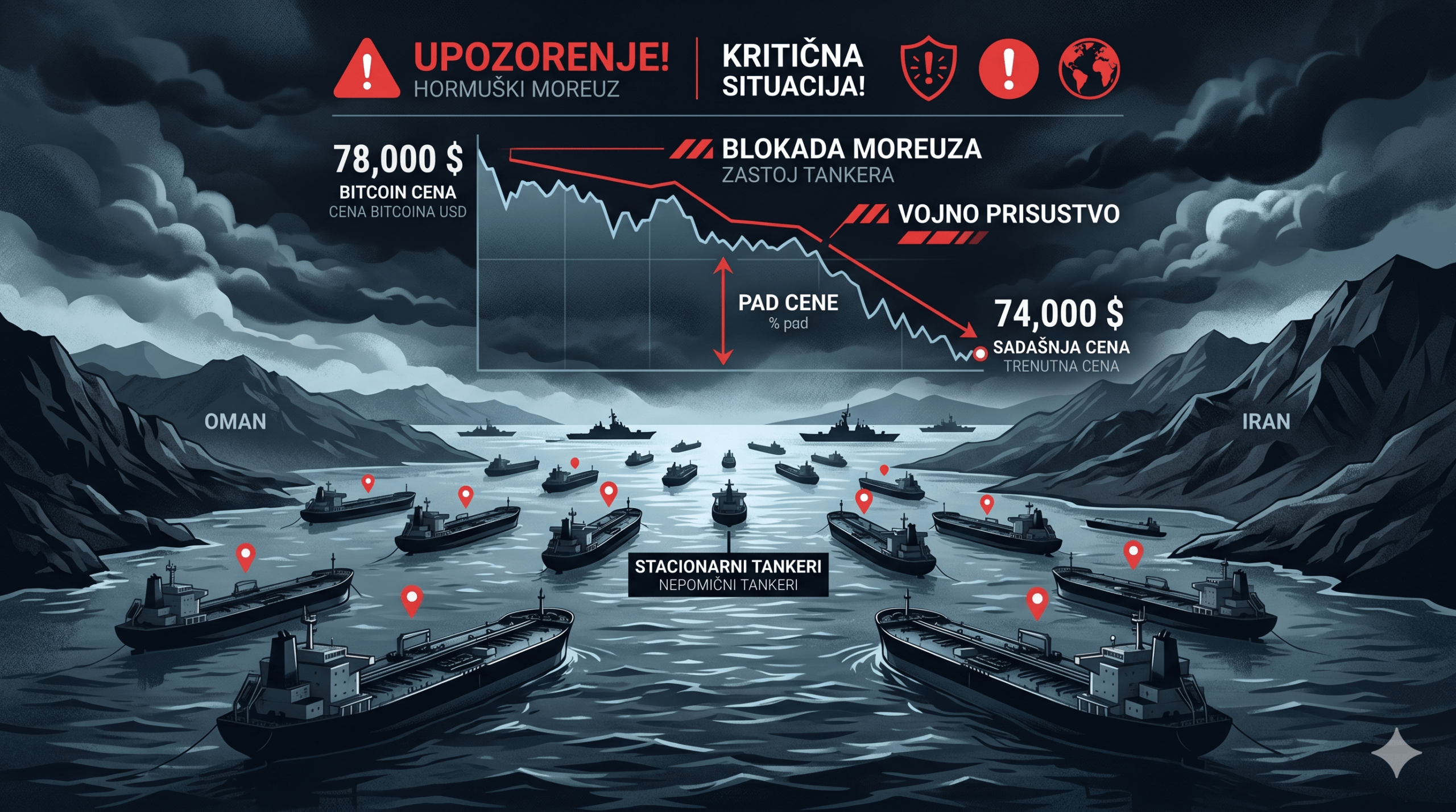 Zatvaranje Hormuškog moreuza vraća Bitcoin ispod 74.000 dolara